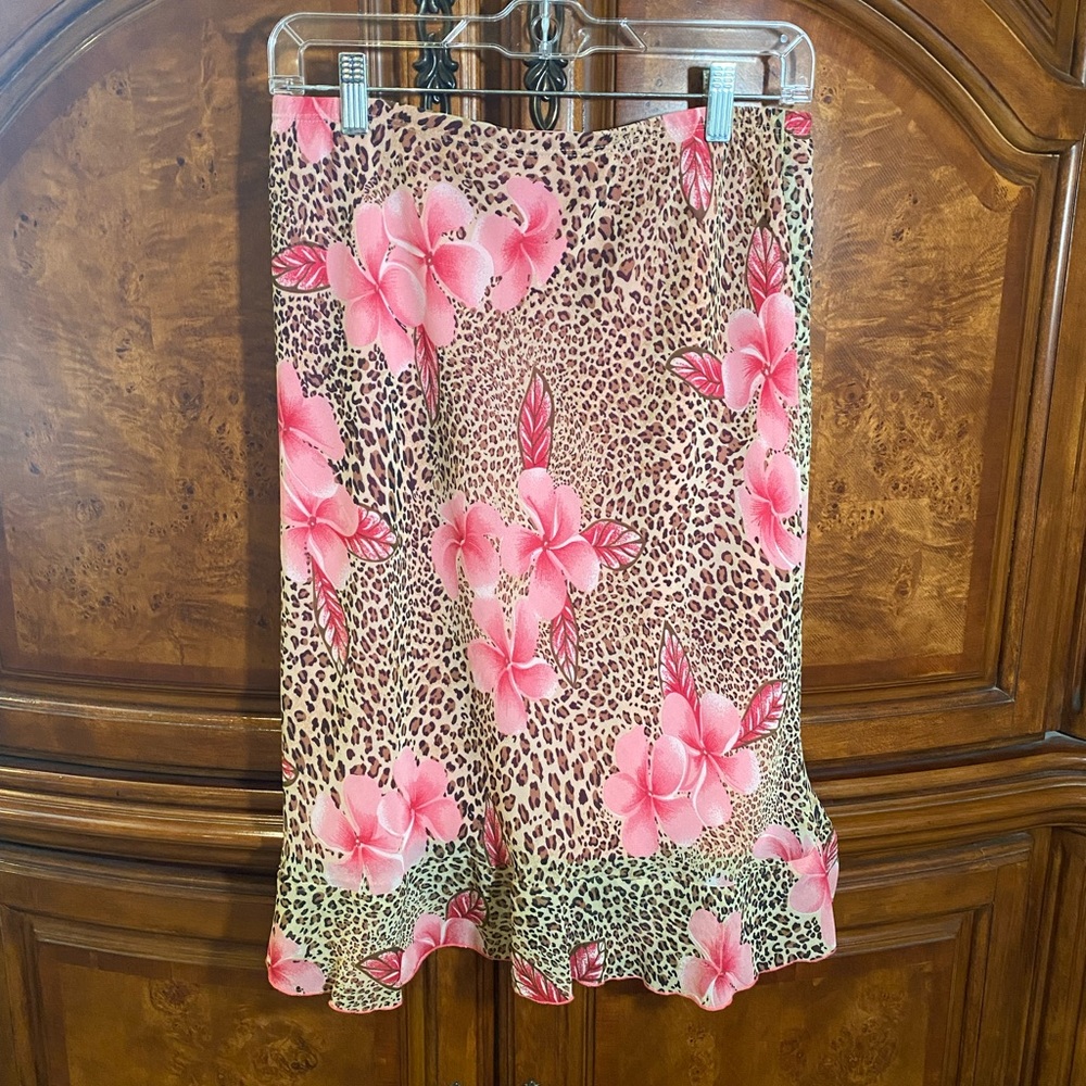 Floral Leopard Print Skirt - Pink and Brown